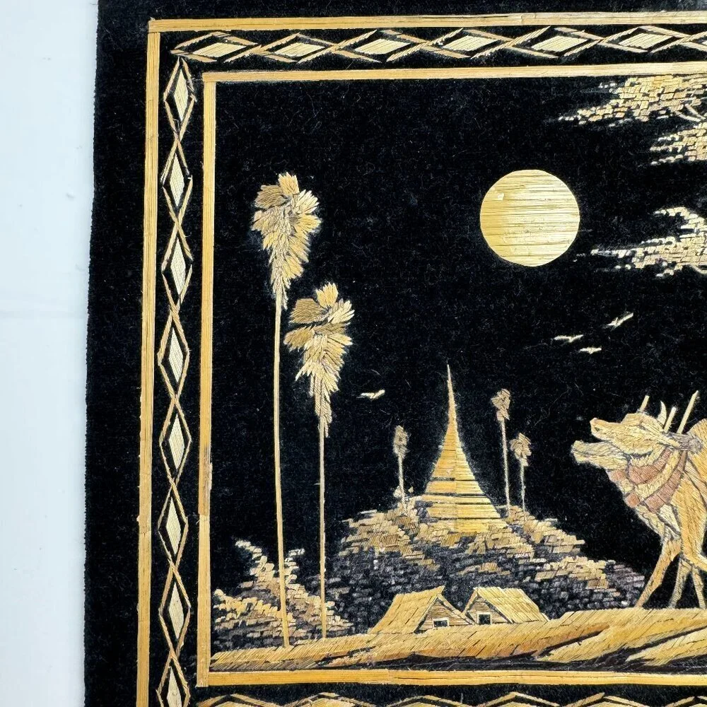 Vintage Wall Art Asian Scene Straw on Black Velvet  Handmade